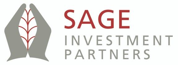 two grey hands cupped to hold a red leaf with the words Sage Investment partners to the right