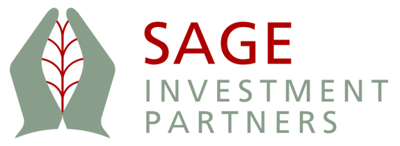 two grey hands cupped to hold a red leaf with the words Sage Investment partners to the right